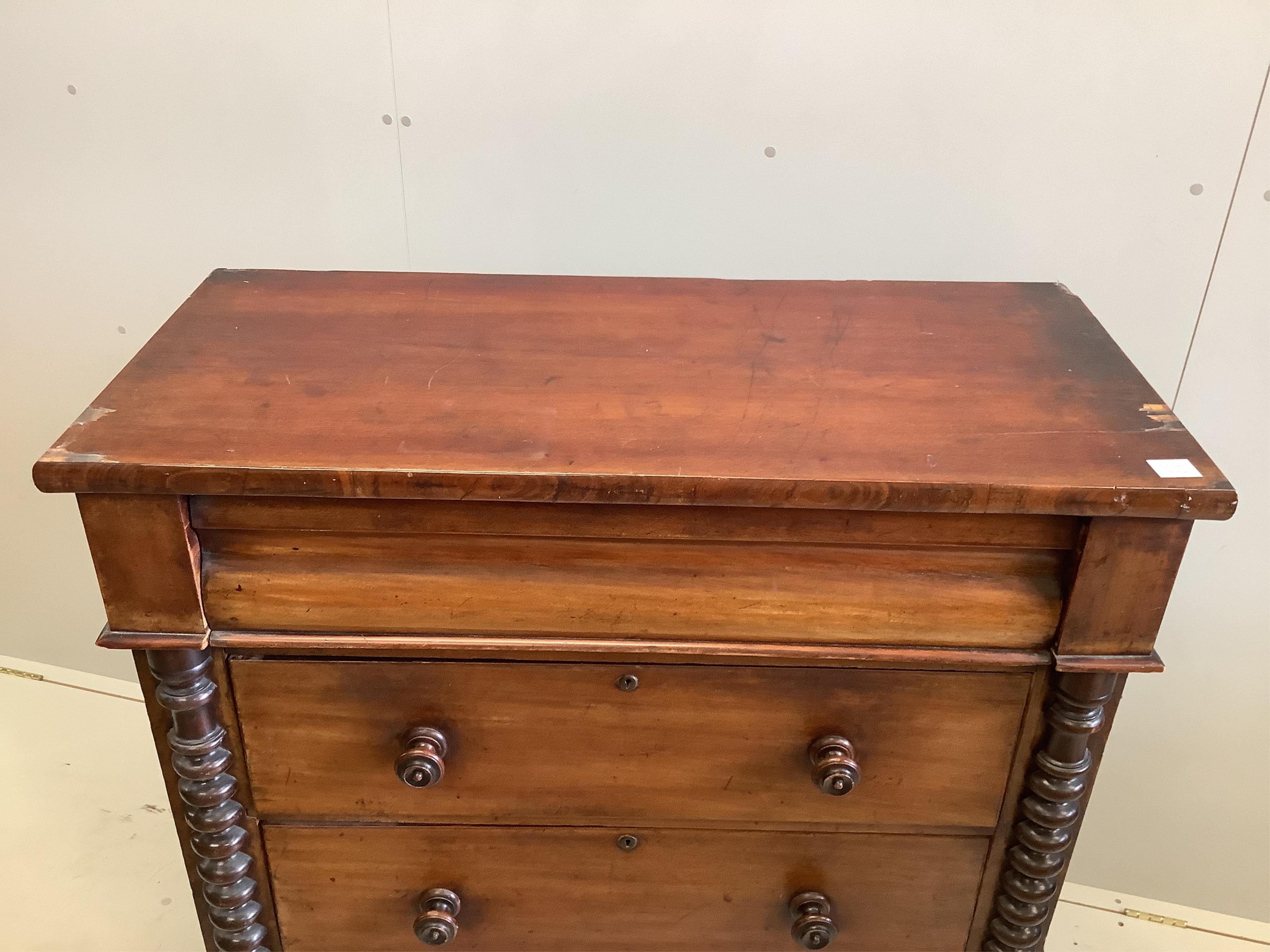 A Victorian mahogany Scottish chest of drawers, width 111cm, depth 50cm, height 122cm. Condition - poor-fair